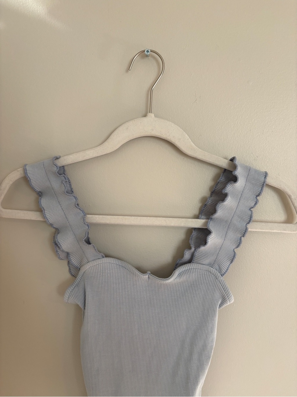 Francesca's Collections Light Blue Ribbed Ruffle-Strap Bodysuit - Picture 2 of 5